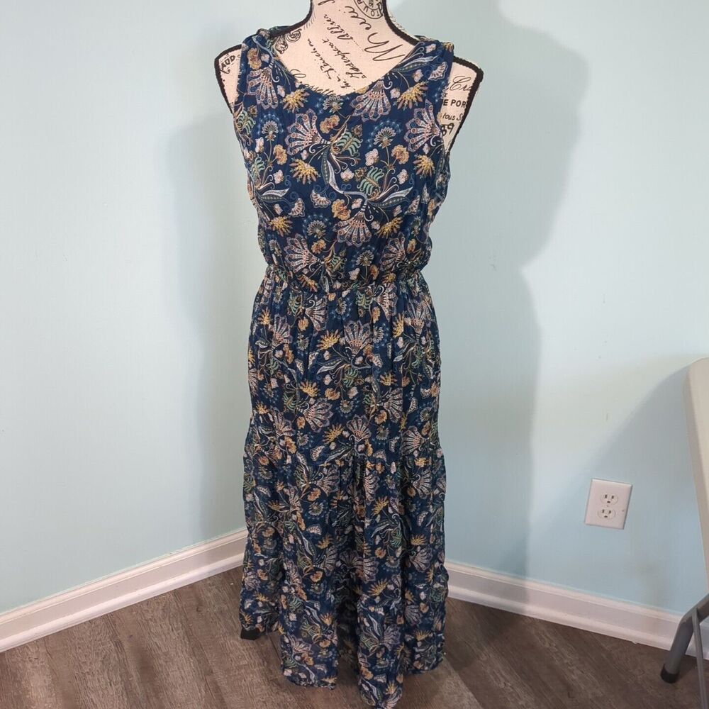 Lara Guidotti Tiered Floral Airy Silk Blend Sleeveless Maxi Dress in Navy small